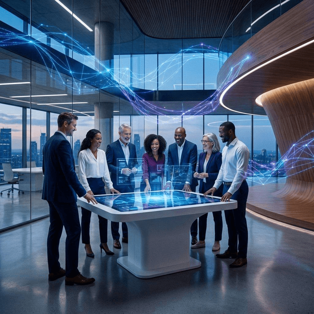 Technology professionals collaborating around an interactive digital platform